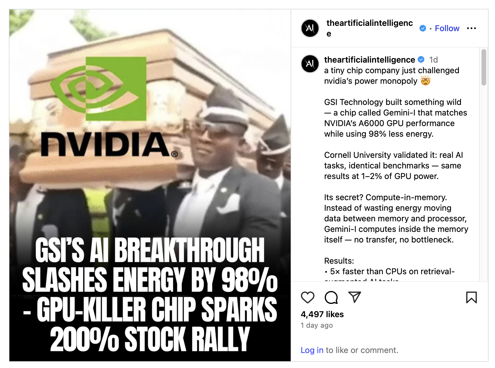 Instagram post from theartificialintelligence on GSIT and NVIDIA