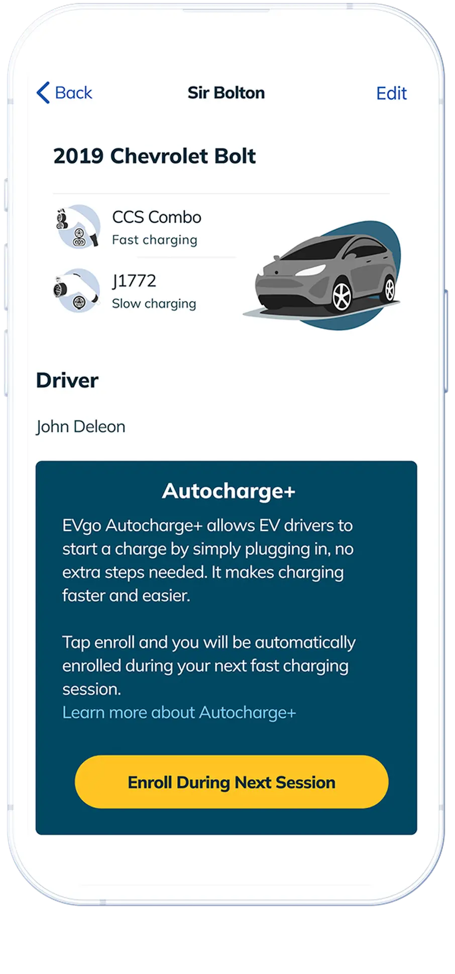 screenshot of the EVgo app Autocharge+ screen