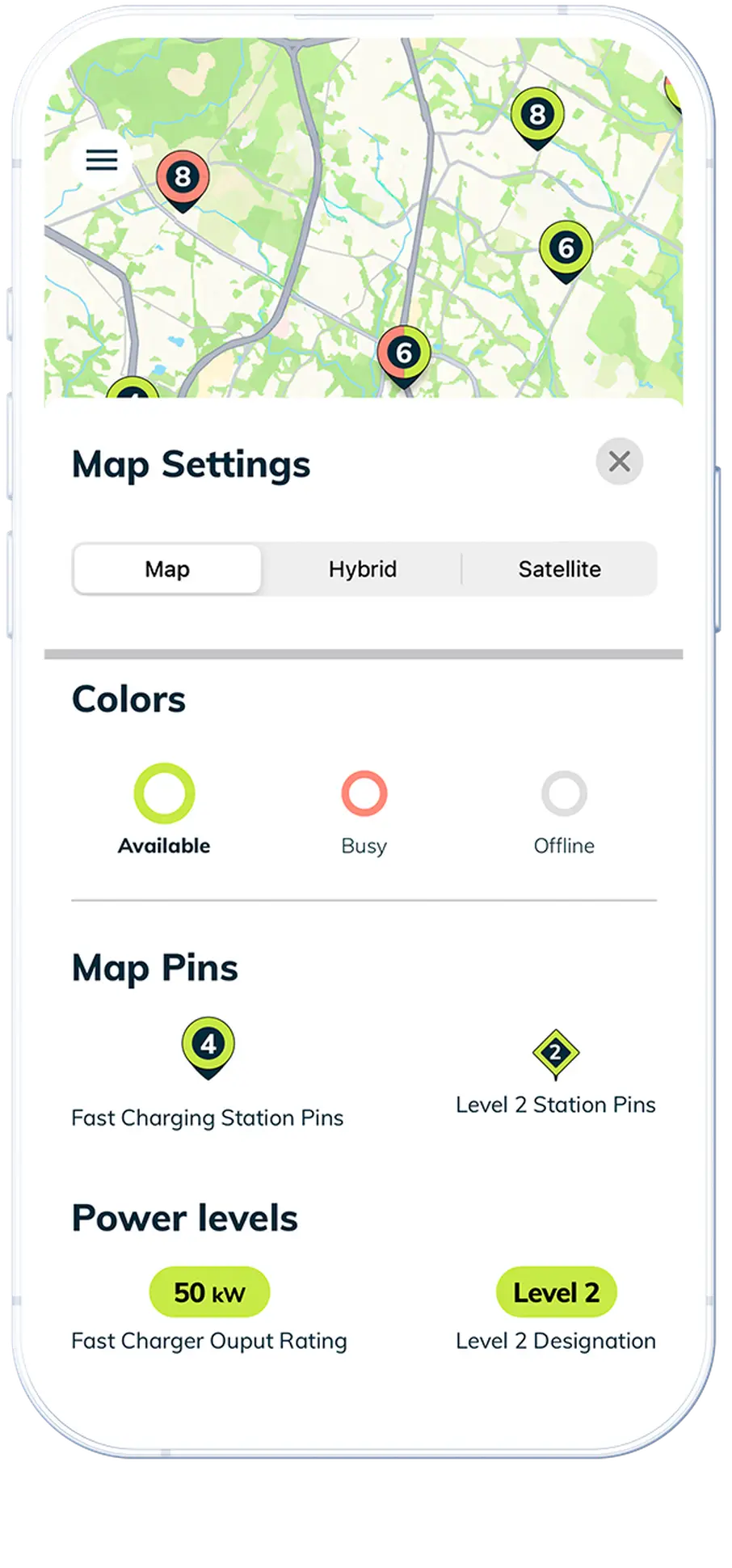 screenshot of the EVgo app map legend