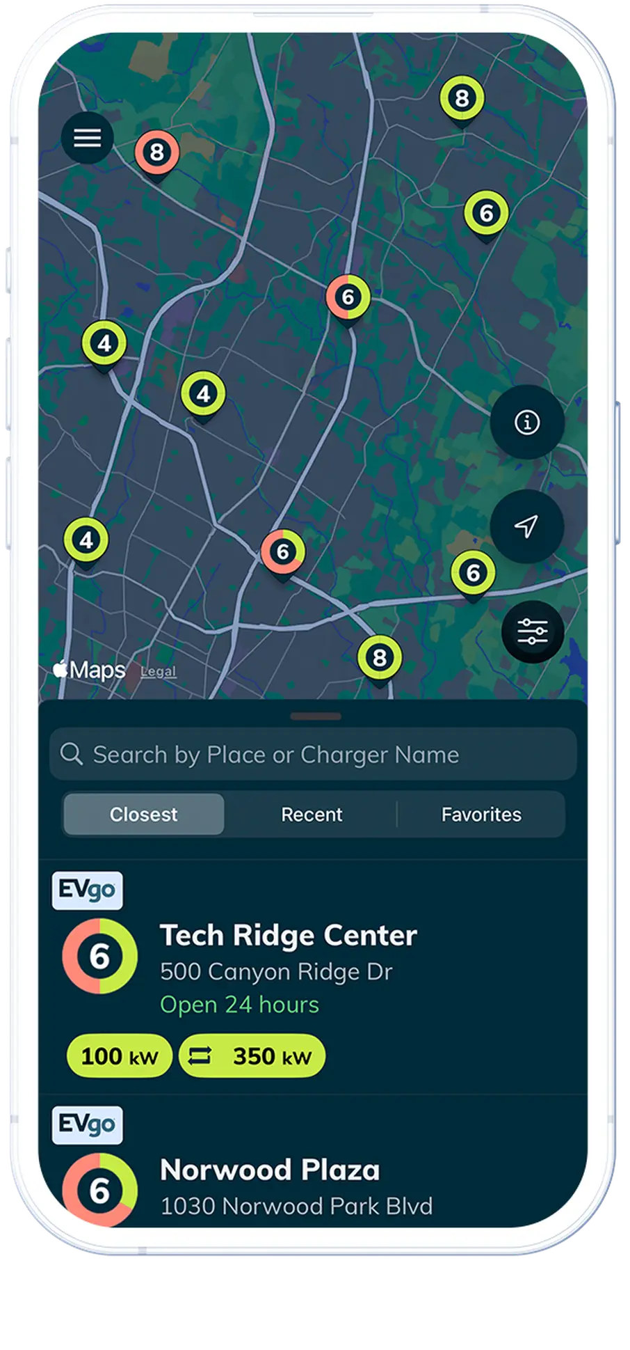 screenshot of the EVgo app map stations