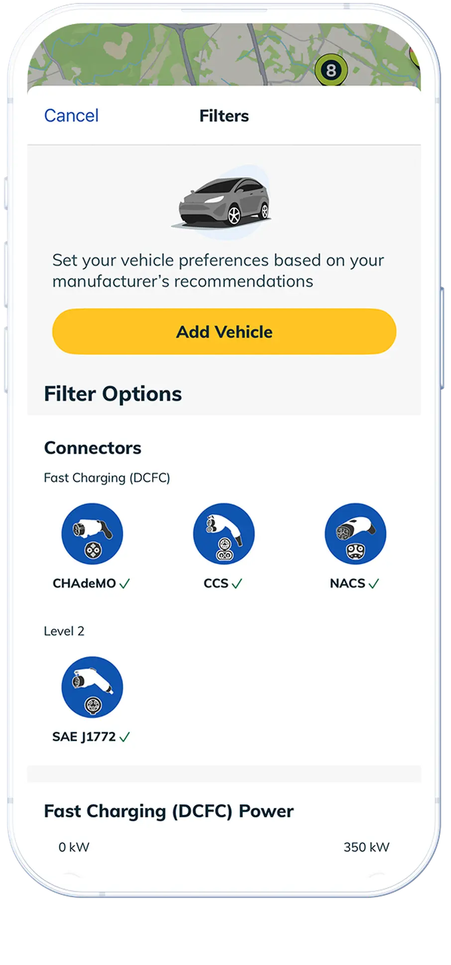 screenshot of the EVgo app connector filters